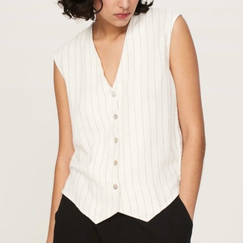 Donni Vest White Black Pinstripe Sleeveless Button Front Size Medium Tank V-Neck